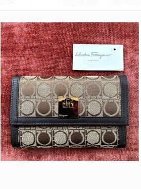SALVATORE FERRAGAMO Canvas & Leather Gancini Trifold Wallet Tan Brown